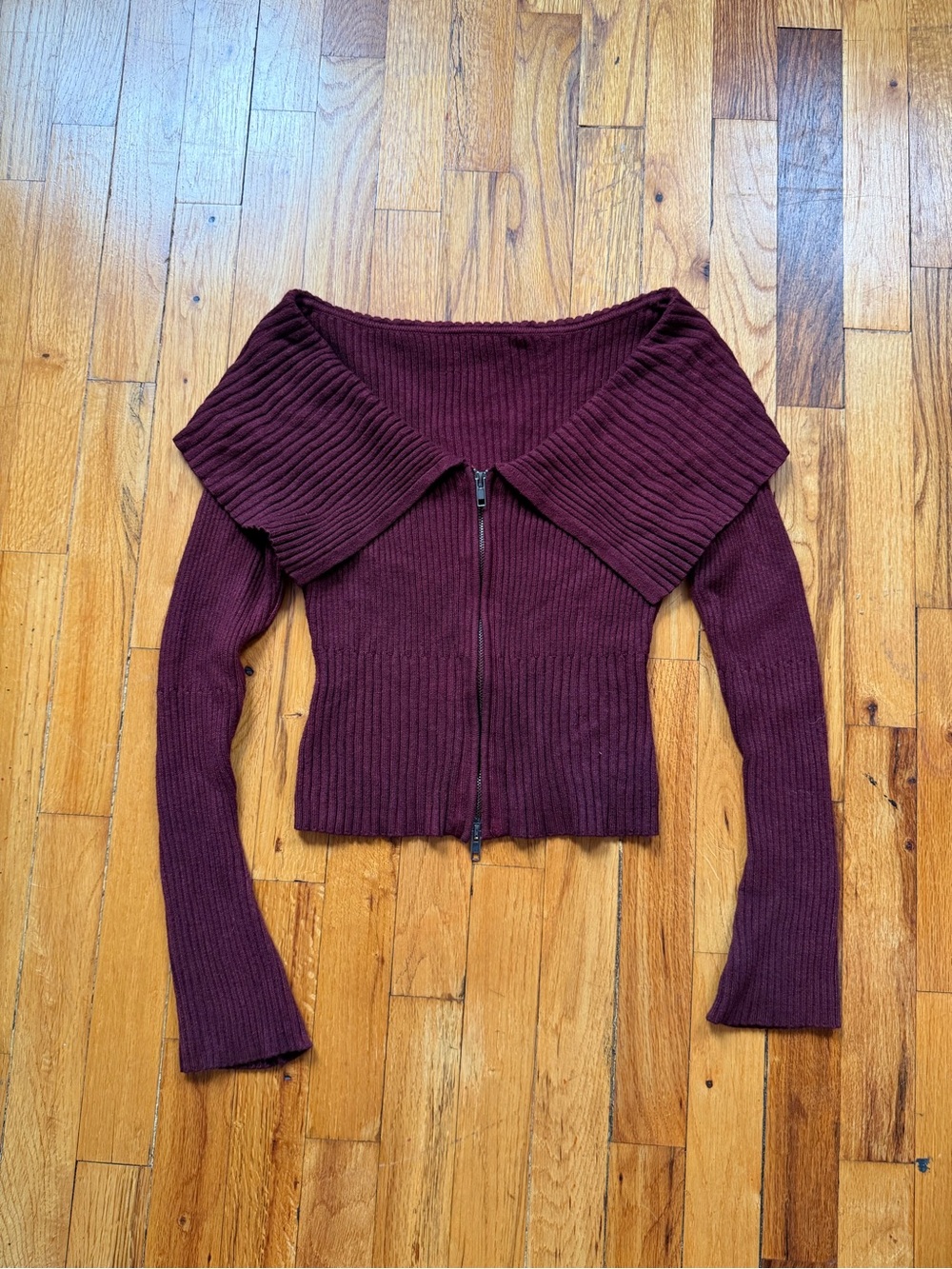 Off-Shoulder Ribbed Zip-Front Sweater in Deep Wine